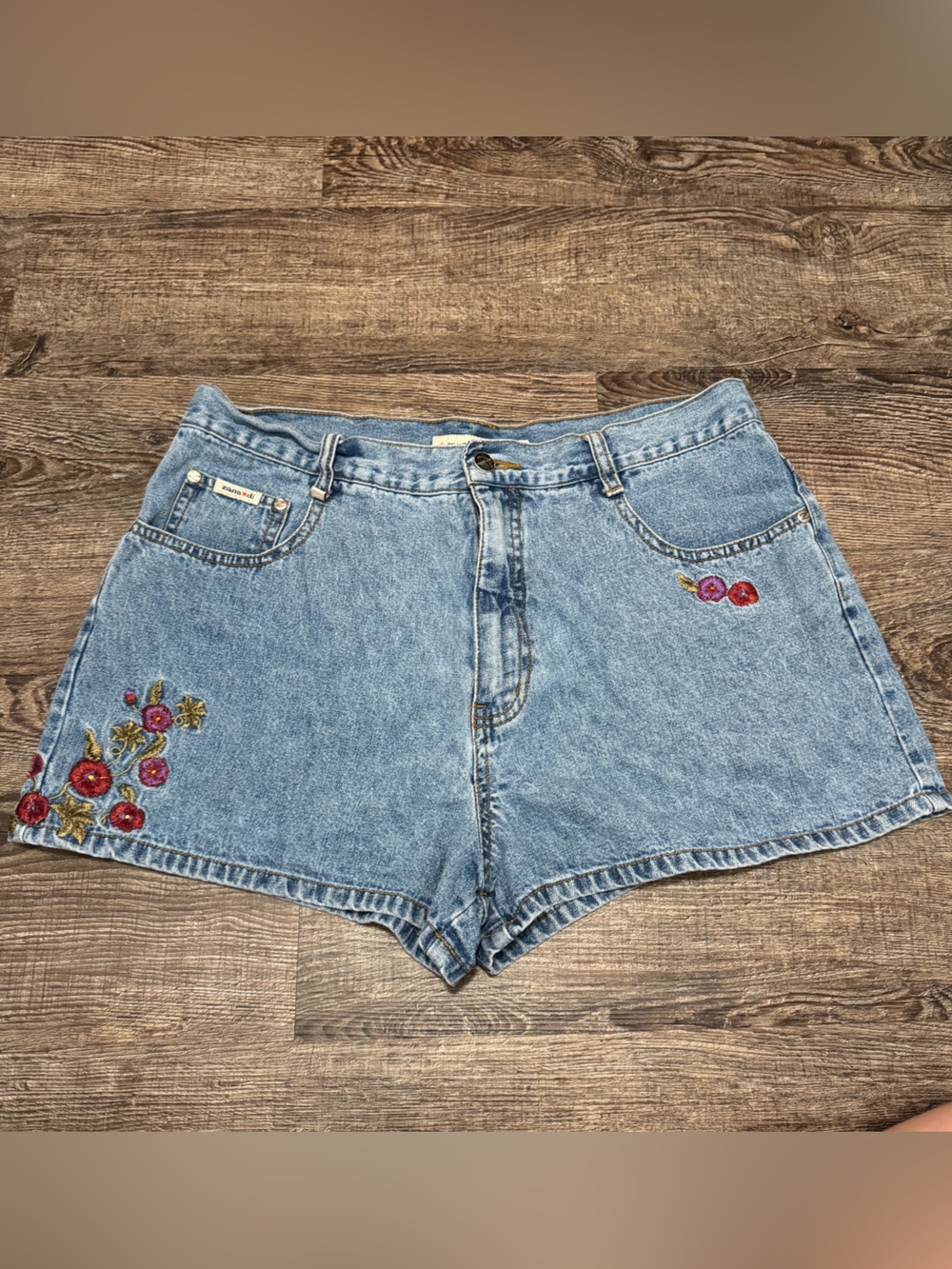 Zana Di Light Blue Vintage Boho Denim Shorts with Red & Pink Floral Embroidery
